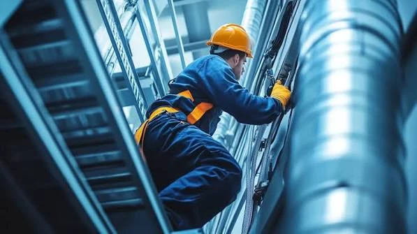Worker inspecting large ventilation ducts